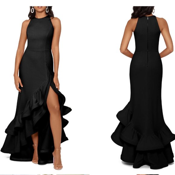 Betsy & Adam Dresses & Skirts - 𝅺BETSY & ADAM Black High Neck Halter Crepe Ruffle Gown Dress 10P